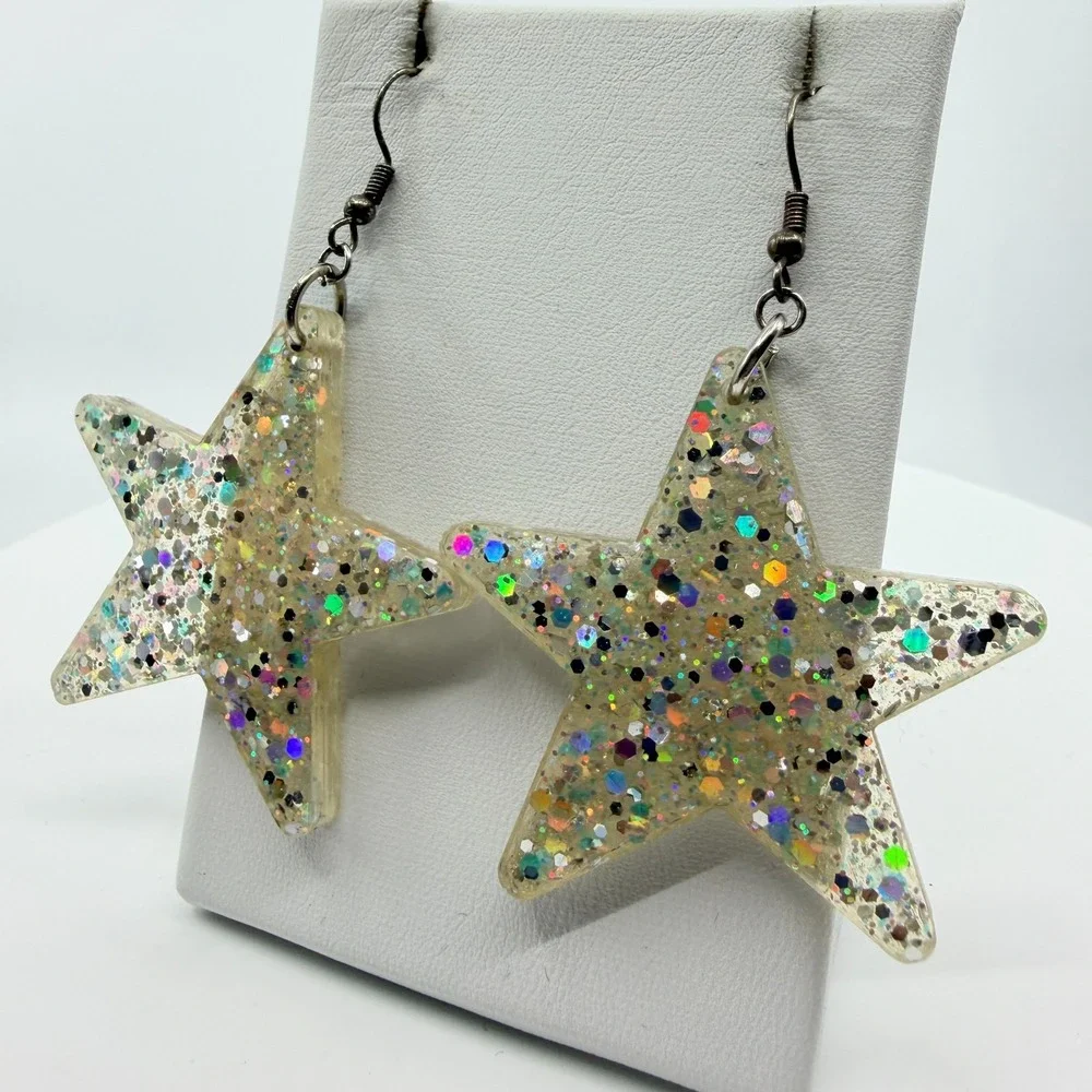 Vintage Y2K Chunky Resin Star Glitter Earrings Silver Tone Dangle Celestial Hook